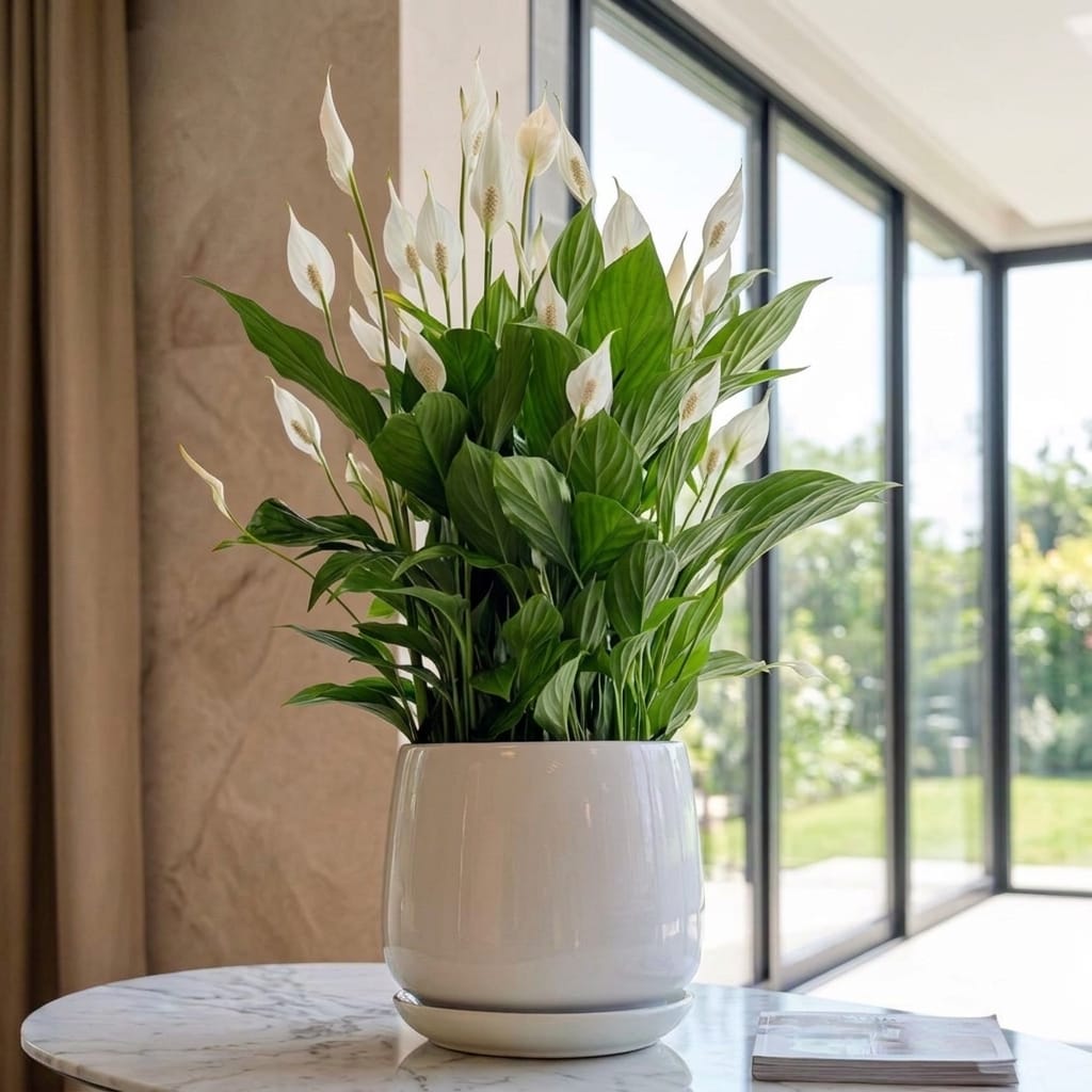 Lush green Peace Lily (Spathiphyllum) indoor plant in a white pot, ideal for air purification in living rooms in Bahrain.